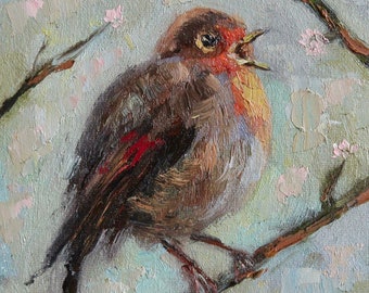 Bird Original Oil Painting Signed Robin Animal Wildlife Landscape art 8x8 inch Gift