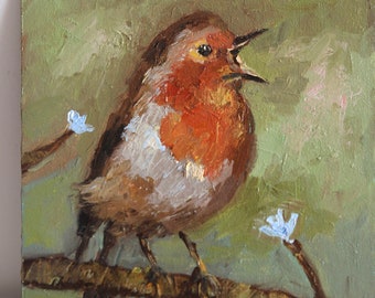 Bird Original Oil Painting Signed Robin Animal Wildlife Landscape art 8x8 inch Gift