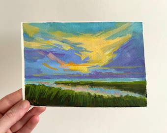 Pintura original de paisaje con nubes al atardecer, arte abstracto texturizado de la naturaleza para pared, 6x4 pulgadas, firmada.