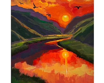Original Gouache Painting Sunset Mountains River Vibrant Modern Contemporary Wall Art Decor 8x5 inch