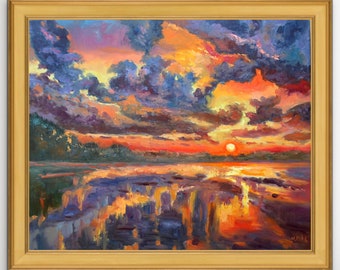 Sunset Seascape Painting on Stretched Canvas Original Oil Landscape 23x20 inch signed artwork