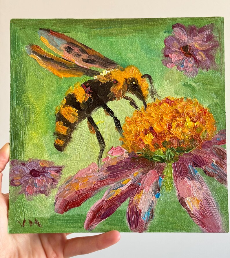 Bumblebee Original Flowers Oil Painting Bee Honey Bee Impasto Canvas ...