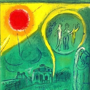 Pode incluir: Pintura abstrata com uma paleta de cores vibrantes. Um grande sol vermelho domina o canto superior esquerdo, lançando luz sobre uma paisagem verde com um edifício e figuras. Um arco amarelo envolve figuras.
