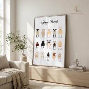 Peut inclure: Une affiche encadrée intitulée "Sheep Breeds" présentant des illustrations de différentes races de moutons. L'œuvre d'art présente une variété de moutons, chacun avec des couleurs et des textures de laine uniques. L'affiche est exposée sur une surface en bois.