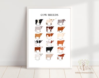 Cow Breeds Poster, Cattle Print, Cow Types Illustrations, Cow Drawing, Small Animals, Animal Pet Poster