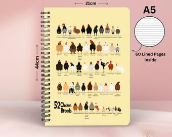 May include: A spiral-bound A5 notebook with a yellow cover featuring illustrations of 52 chicken breeds. The notebook measures 21cm wide and 44cm tall, with 60 lined pages inside. The notebook is from Willow Printed Gifts.