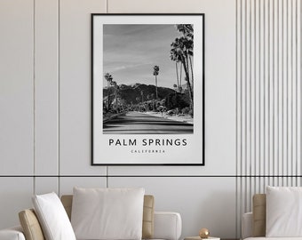 Plakat Palm Springs, czarno-biała sztuka ścienna z Kalifornii, styl Mid-Century Modern, wydruk z krajobrazem pustyni