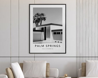 Grafika przedstawiająca architekturę Palm Springs, styl Mid Century Modern, kalifornijska sztuka ścienna (do pobrania w wersji cyfrowej)