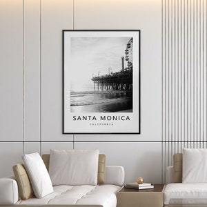 Affiche de Santa Monica, impression de la jetée de Santa Monica, art mural noir et blanc Californie, plage de Santa Monica, photos de voyage aux États-Unis, États-Unis