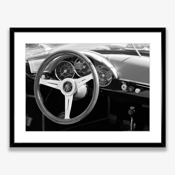 Vintage Porsche Interior Digital Print,Vintage Porsche Steering Wheel Poster,Black and White Porsche Wall Art,Car Wall Decor,Car Art Digital