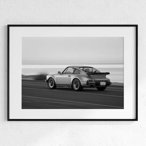 Impresiones de Porsche en blanco y negro, Porsche en la carretera de la playa, póster de Porsche antiguo, arte mural de Porsche antiguo, decoración de pared de Porsche, fotografía de automóviles
