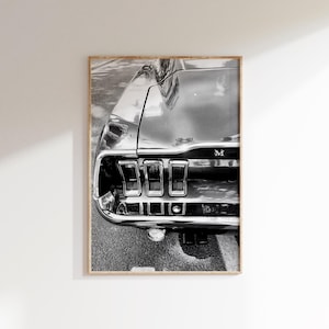 Impresión digital de vista trasera del Ford Mustang, póster del Ford Mustang, arte mural de coches clásicos en blanco y negro, póster de coches antiguos, muscle cars americanos