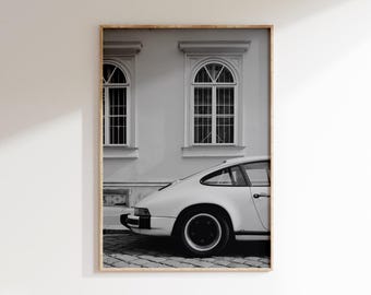 Póster vintage de Prsch con vista lateral, arte mural de Prsch, fotografía retro de coches en blanco y negro.