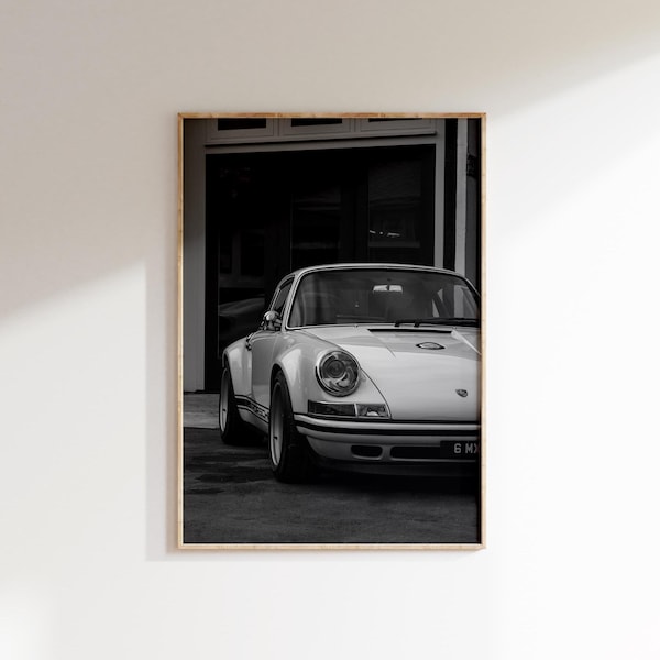 Plakat z zabytkowym Prsch 911, grafika z niemieckim samochodem sportowym, kultowe zdjęcia samochodów retro, sztuka motoryzacyjna
