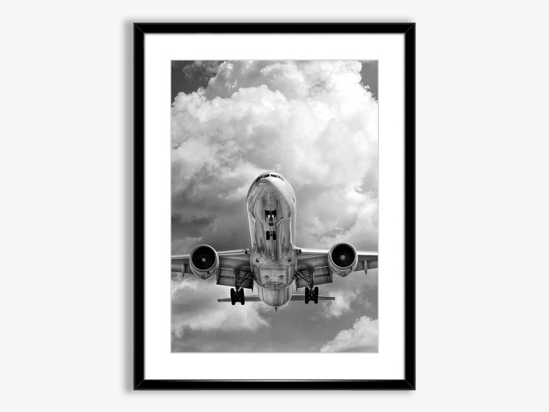 Black and White Airplane Poster,office Wall Art,airplane Landing Print