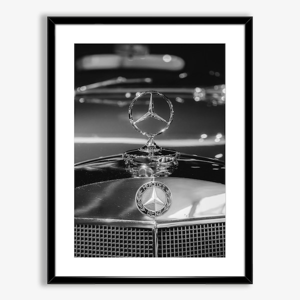 Mercedes Logo Print Digital Download,Vintage Mercedes Poster,Mercedes Wall Art,Black and White Car Art,Car Photography,Vintage Wall Art