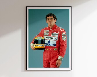 May include: A framed portrait of a man in a red racing suit holding a yellow and black helmet. The suit has sponsor logos including "Marlboro" and "Honda". The helmet also has "Honda" and "Nacional" branding.