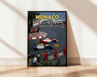 F1モナコポスター、F1ウォールアート、セナとマンセル、ビンテージ
