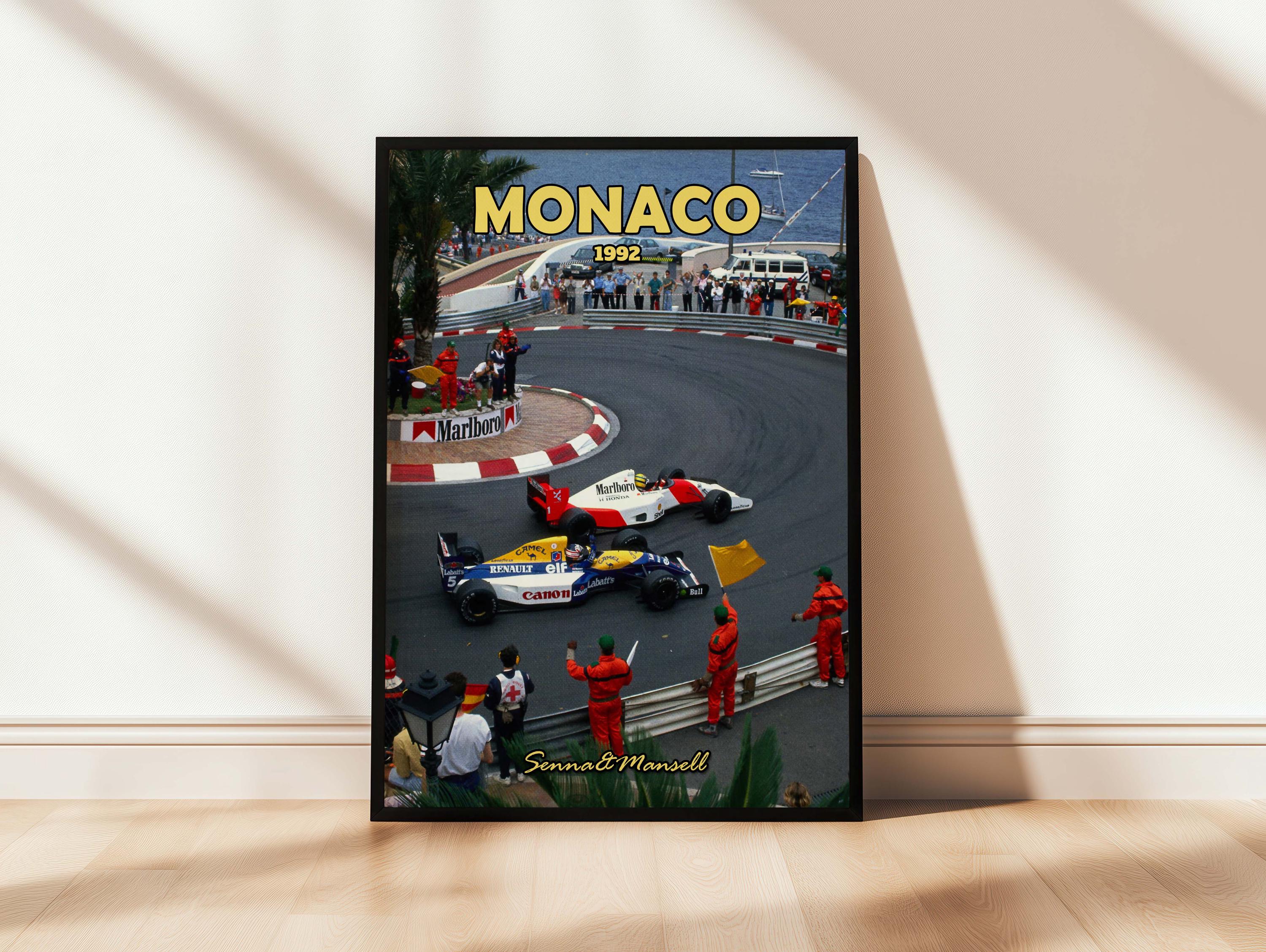 F1モナコポスター、F1ウォールアート、セナとマンセル、ビンテージ