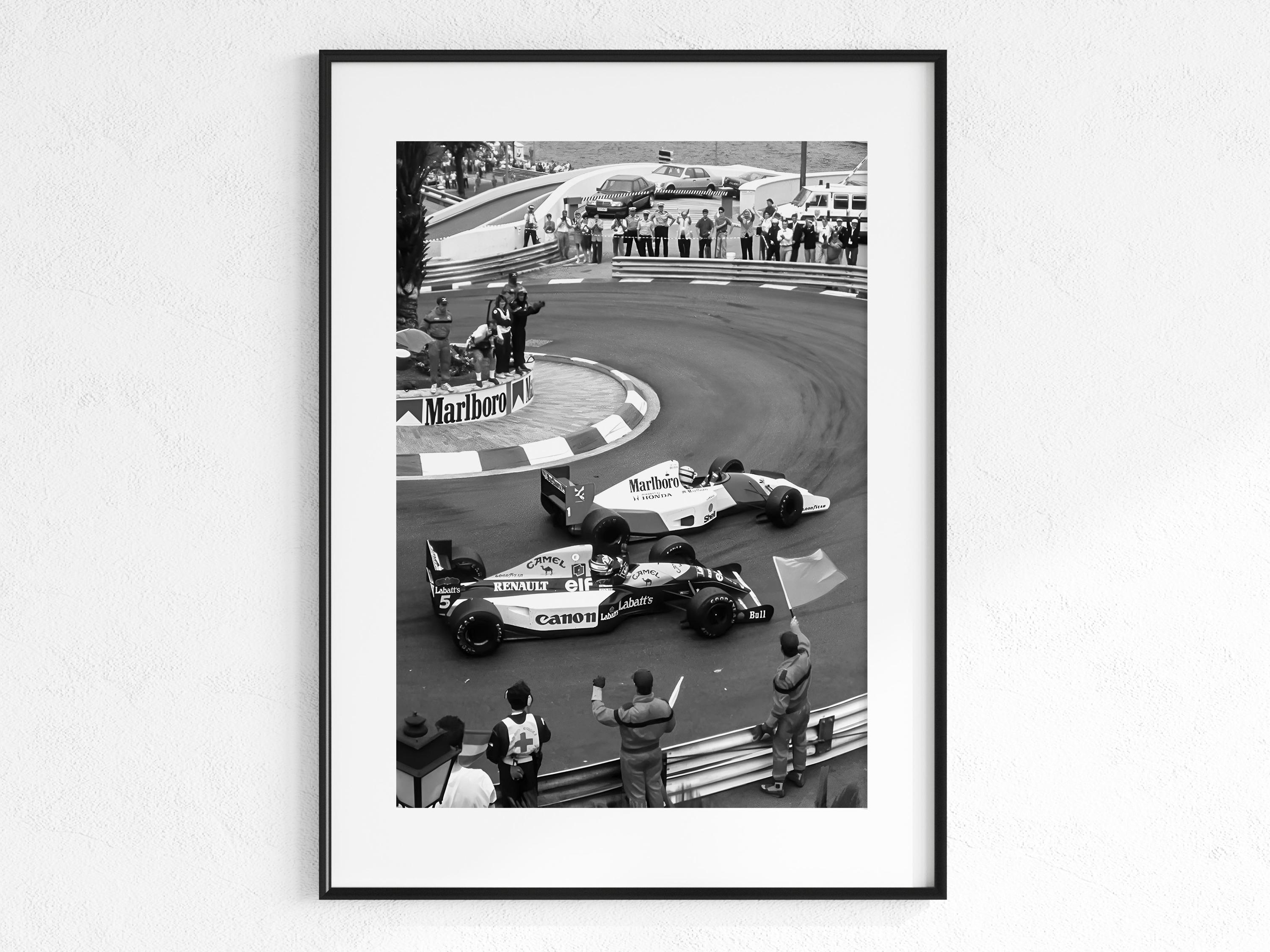 ビンテージ モナコGP レーシングプリント、白黒F1写真、セナとマンセル