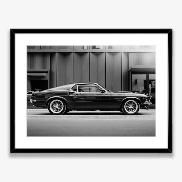Ford Mustang 1969 Mach 1 Black and White Print,Ford Mustang Poster,Side View of Ford Mustang,Mustang Classic Car Wall Art,Old Car Print,