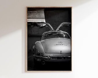 Impresión del Mrcds 300 SL, fotografía de coches clásicos, póster de la vista trasera del Mrcds, arte de vehículos antiguos