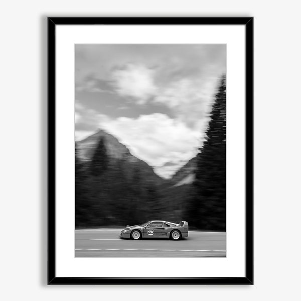 Ferrari F40 Driving Poster in the Swiss Alps,Ferrai F40 Print,Black and White Vintage Luxury Car Poster,Ferrari Photo,Car Photography