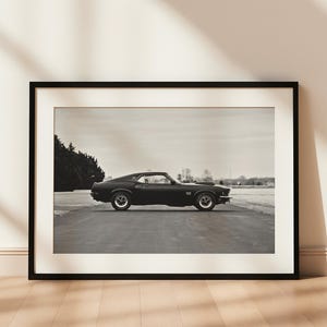 Impresión digital del Ford Mustang Boss, póster de muscle car americano, póster vintage de Mustang en blanco y negro, arte mural de coches clásicos, decoración de garaje