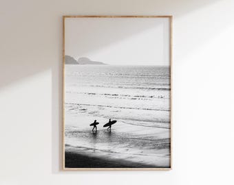 Surfers Beach Print, Modern Coastal Wall Art, Ocean Decor, Surfer Prints (Digital Download)