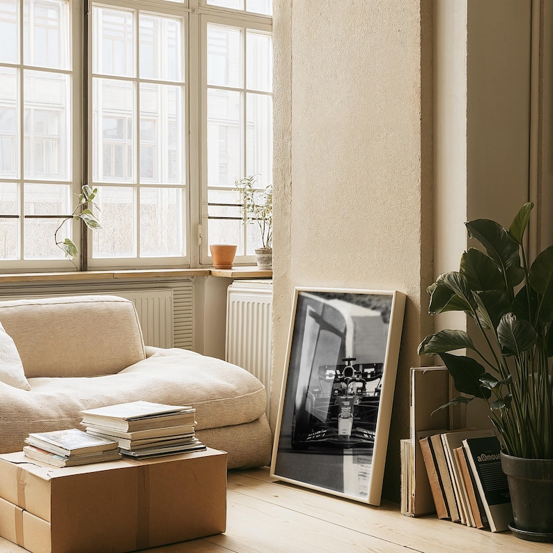 May include: A light-filled living space featuring a beige beanbag chair, a framed monochrome photograph, and a large window. A stack of books rests on a cardboard box, and a potted plant adds a touch of greenery to the room.