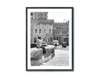 Cuba Travel Print,Havana Poster,Street Performer Playing the Trumpet,Music Wall Art