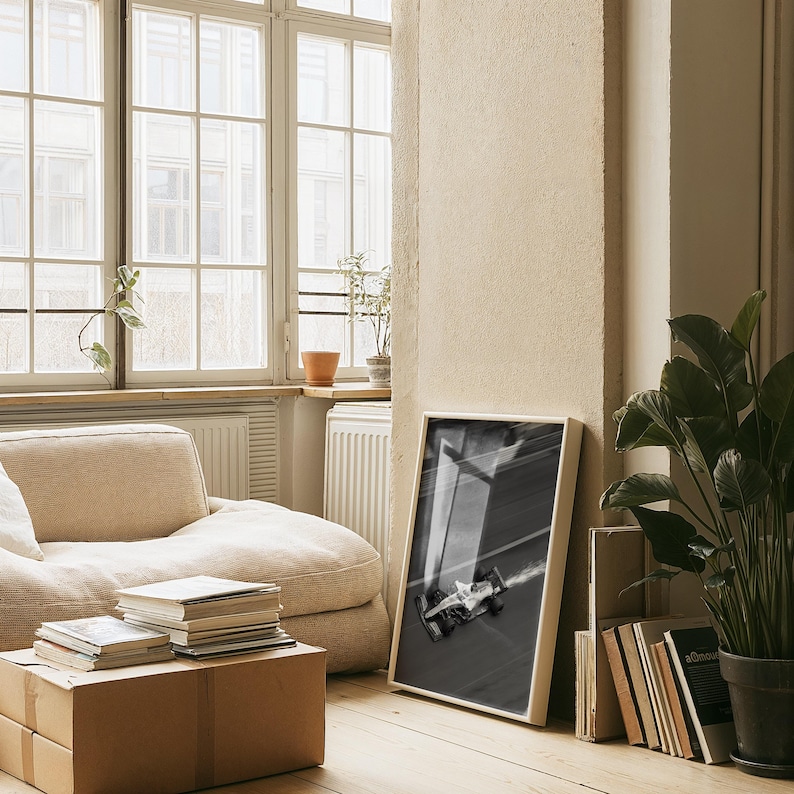 May include: A framed black and white photograph of a race car on a track. The photograph is leaning against a wall in a room with a beige sofa, a cardboard box, and a stack of books. A large potted plant is in the corner.