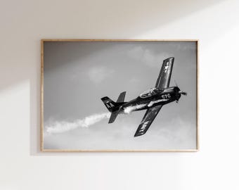 May include: Framed monochrome print of a vintage Navy aircraft in flight. The dark plane has white markings, including the number 576 and the word "NAVY". A trail of white smoke follows the plane against a cloudy sky.