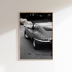 Póster digital de Jaguar E-Type, impresión vintage de Jaguar, póster de coche clásico en blanco y negro, fotografía de coches retro, impresión de Jaguar antiguo.