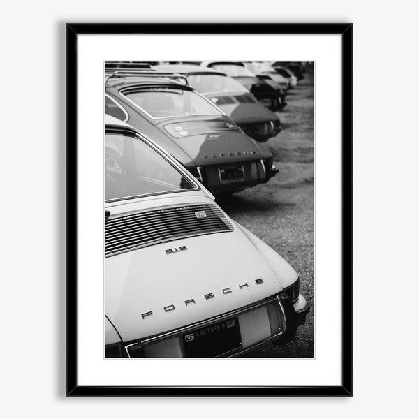 Rear View Printable Photo of Porsches Parked Side by Side,Vintage Porsche Poster,Porsche Print,Old Porsche Wall Art,Black and White Vehicles