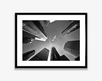 Black and White Airplane Wall Art Poster Digital Download,Skyscraper Print,Office Wall Art,Airplane Print Instant Download,Modern Wall Art