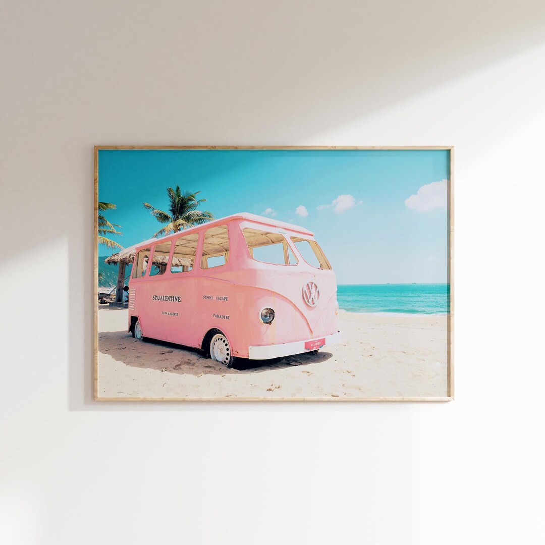 Pink Retro Van on the Beach Print Digital Download,summer Beach Wall ...