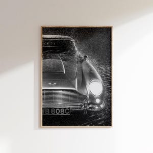 Póster digital del Aston Martin DB5, impresión de Aston Martin, arte mural de coches en blanco y negro, arte digital de coches clásicos, póster de coches antiguos, arte de coches