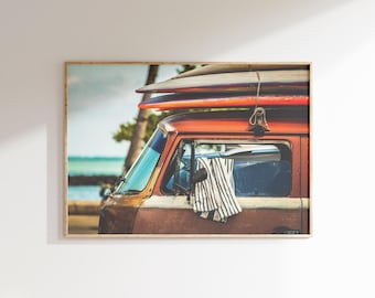 Surfer Bus Beach Print, Surf Wall Art, Retro Surfboard Van Print (Digital Download)
