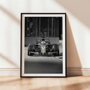 Formule 1 Ferrari-poster, formule 1-afdruk, Formule 1-Grand Prix, F1-poster, foto F1-raceauto, zwart-wit Formule 1-racecircuit, F1-muurkunst