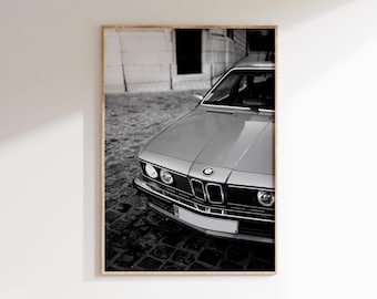 Póster clásico de BMW, póster de coche clásico alemán en blanco y negro, arte automotriz (descarga digital)