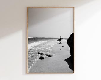 Surfer Print, Surf Wandkunst, schwarz weiss Küsten minimalistische Kunst (Digitaler Download)