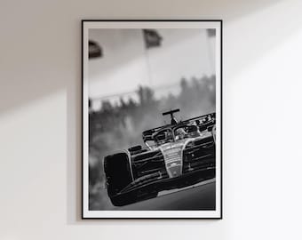 May include: A black and white framed wall art print featuring a Formula One race car in motion on a track. The car is captured from a low front angle with a blurred background showing spectators and flags, emphasizing the speed and intensity.