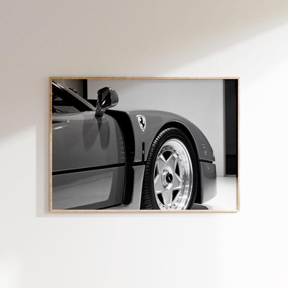 Ferrari F40 Black and White Rear View Print: Vintage Sport Car Art