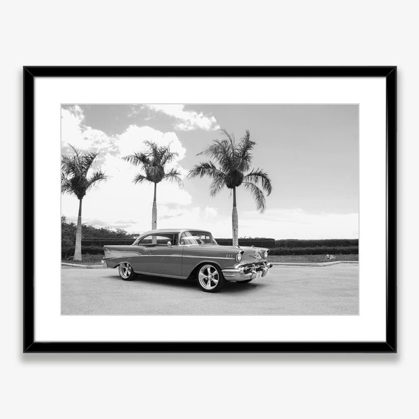 Printable Photo of Classic Car in Front of Palm Trees,Black and White Vintage Car Poster,Chevrolet Belair,Car Photography,Car Wall Decor