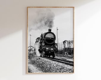 ビンテージ蒸気機関車の白黒写真、クラシックな機関車と鉄道の風景