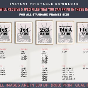 Puede incluir: Descarga digital imprimible con cinco archivos JPEG para tama&ntilde;os de marco est&aacute;ndar. Incluye tama&ntilde;os en cm: 12x15, 20x25, 30x38, 40x50, 15x20, 22x30, 30x40, 38x50, 45x60, 15x23, 20x30, 30x45, 40x60, 45x68, 50x75, 60x90, A5: 14.8x21, A4: 21x29.7, A3: 29.7x42, A2: 42x59.4, A1: 59.4x84.1, y 27.5x35. Todas las im&aacute;genes est&aacute;n en 300 DPI.