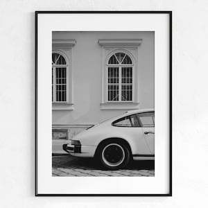 Vintage Prsch Side View Poster,Prsch Wall Art,Black and White Retro Prsch Car Photography Print