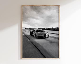 印刷可能なブガッティポスター、スーパースポーツカーアート、白黒の高級車プリント（デジタルダウンロード）