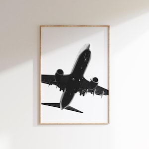 Black and White Airplane Poster, Aviation Wall Art, Passenger Plane Landing Print (Digital Download)
